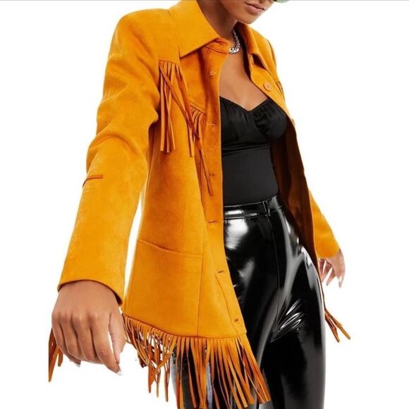 DANIELLE BERNSTEIN NWT Boho Fringed Faux Suede Jacket Camel Size XS Coachella - Picture 8 of 11